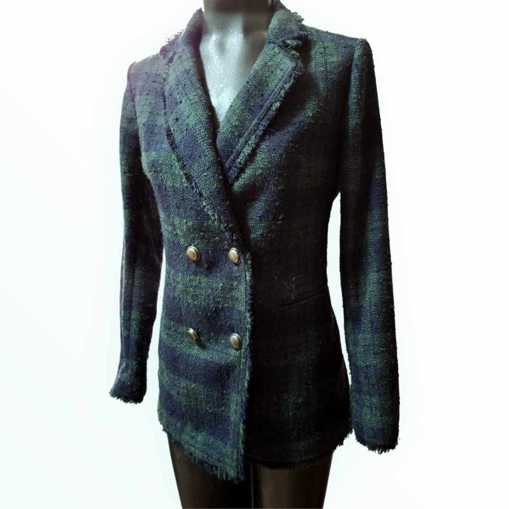 Banana Republic Double Breasted Wool Green Tartan Plaid Tweed Blazer Jacket XS